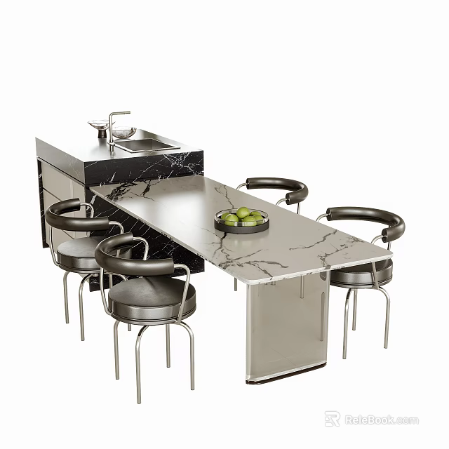 Modern Long Marble Top Dining Table With Black Metal Chairs And Green Fruit Bowl 3d model 