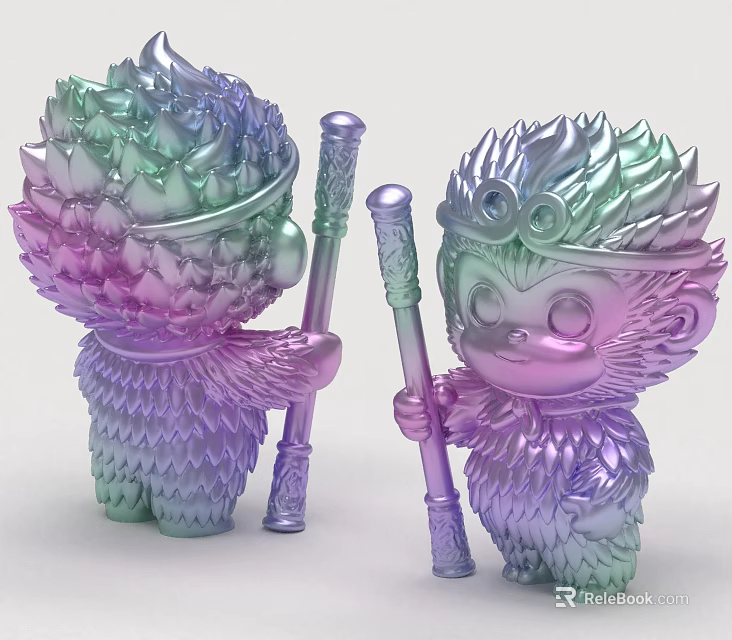 Detailed Colorful Iridescent Monkey Sculptures Holding Magic Staffs With Cute Features 3d model 