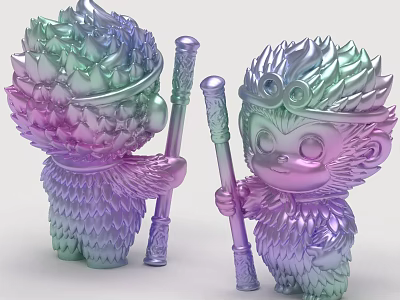 Detailed Colorful Iridescent Monkey Sculptures Holding Magic Staffs With Cute Features 3d model