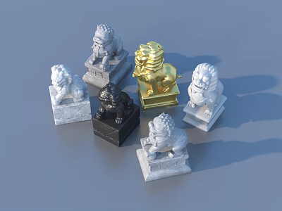 Various Carved Lion Sculptures With Gold Black White Marble Pedestal Bases 3d model