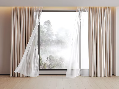 Beige Thick and White Sheer Curtains Drawn to Reveal Scenic Tree Mist View 3d model