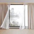 Beige Thick and White Sheer Curtains Drawn to Reveal Scenic Tree Mist View