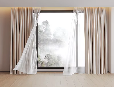 Beige Thick and White Sheer Curtains Drawn to Reveal Scenic Tree Mist View 3d model