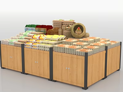 Supermarket General Merchandise Display With Various Groceries And Daily Products On Wooden Shelves 3d model