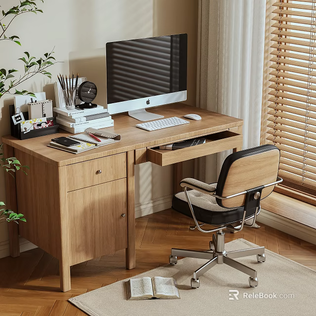 Wooden Desk With Computer Monitor Keyboard Mouse Books Stationery Green Plant And Office Chair 3d model 