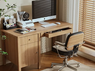 Wooden Desk With Computer Monitor Keyboard Mouse Books Stationery Green Plant And Office Chair 3d model