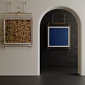Two Abstract Paintings Hanging On White And Black Brick Walls With Archway And Gold Frames