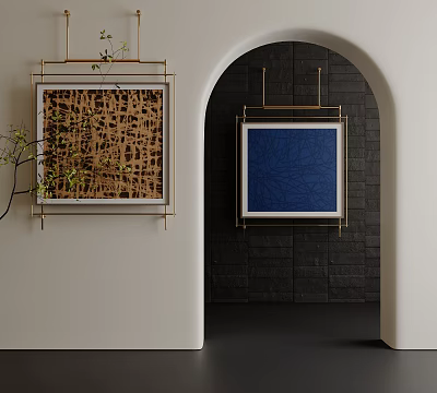 Two Abstract Paintings Hanging On White And Black Brick Walls With Archway And Gold Frames 3d model