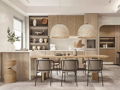 Modern Restaurant Interior With Wooden Dining Table Gray Chairs Woven Pendant Lights And Open Kitchen 3d model