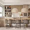 Modern Restaurant Interior With Wooden Dining Table Gray Chairs Woven Pendant Lights And Open Kitchen