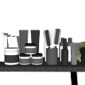Stylish Perfume and Cosmetics Collection With Bottles Jars Brushes Arranged on Wooden Table