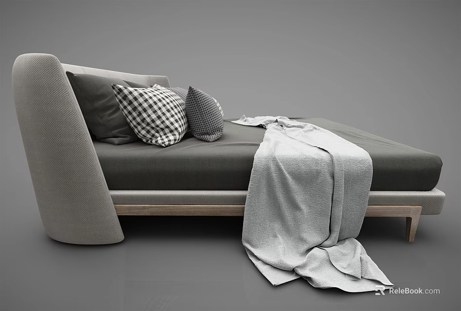 Modern Grey Upholstered Double Bed With Wooden Frame Checkered Pillows And Soft Blanket 3d model 