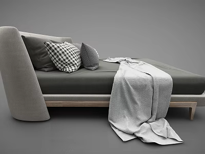 Modern Grey Upholstered Double Bed With Wooden Frame Checkered Pillows And Soft Blanket 3d model