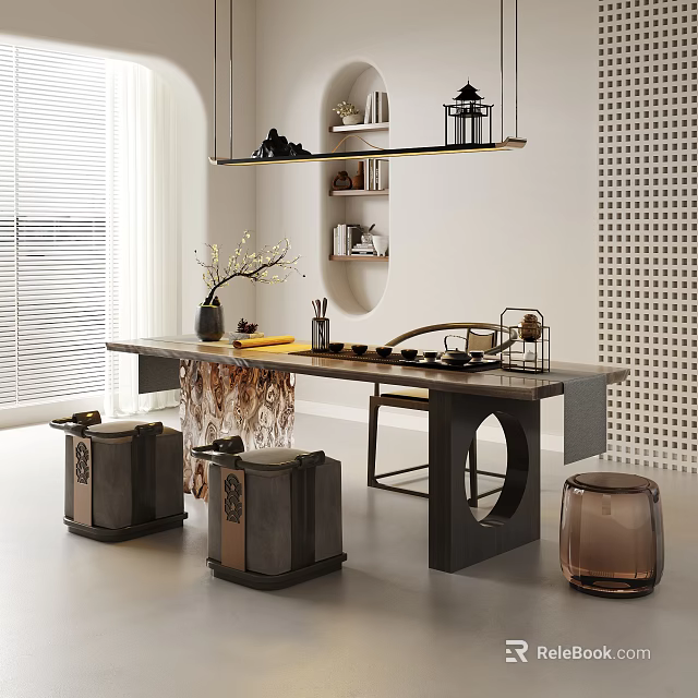 Elegant Modern Tea Table and Chairs with Tea Set Vase and Decorative Elements 3d model