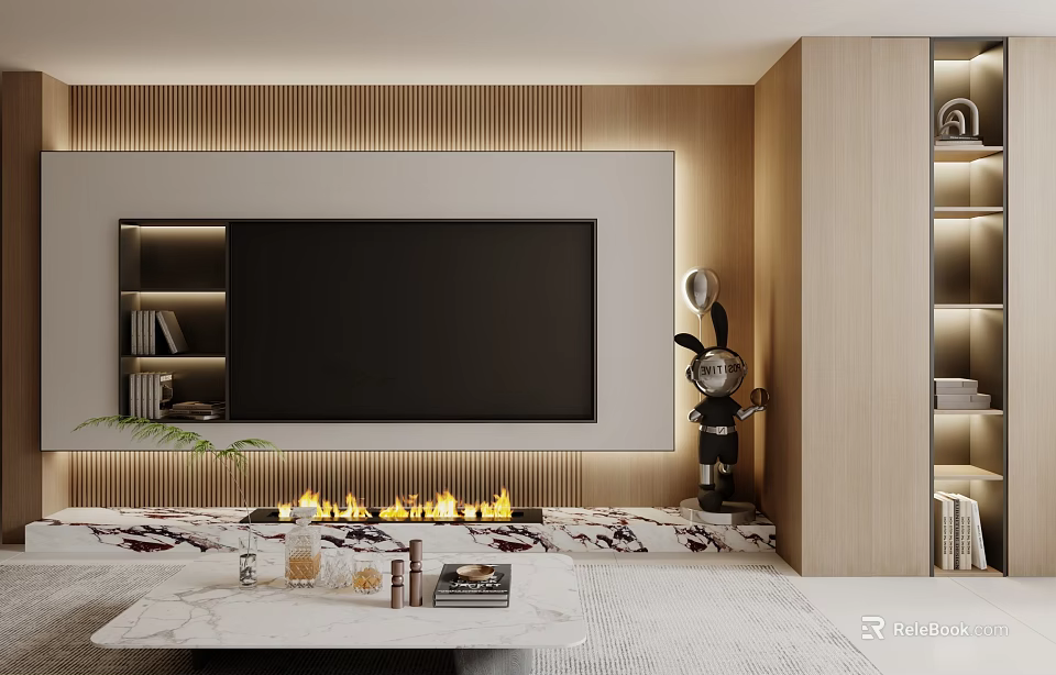 Modern Elegant Wooden TV Stand With LED Strip Lights Fireplace And Decorative Ornaments 3d model 