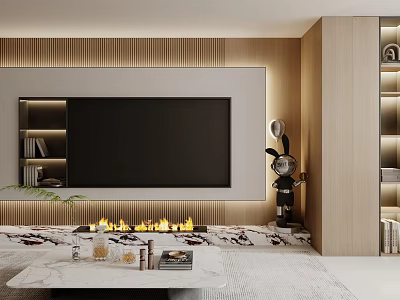 Modern Elegant Wooden TV Stand With LED Strip Lights Fireplace And Decorative Ornaments 3d model