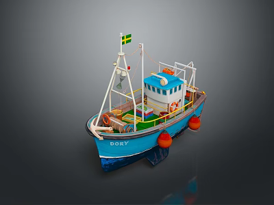 Colorful Small Boat DORY With Blue Hull Yellow Green Flag Lifebuoy And Orange Buoys 3d model