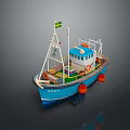 Colorful Small Boat DORY With Blue Hull Yellow Green Flag Lifebuoy And Orange Buoys
