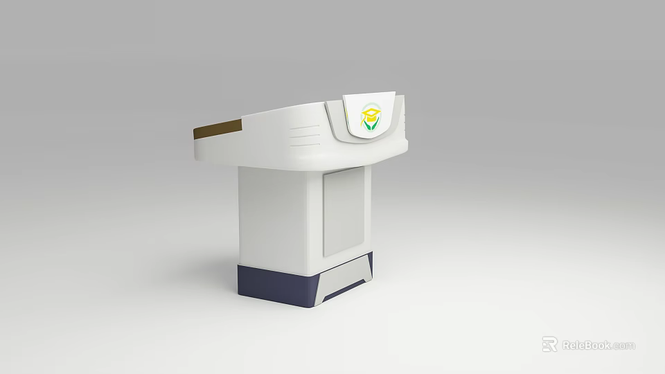 White and Dark Blue Functional Desk With Curved Top Surface Logo Panel and Stable Base 3d model 