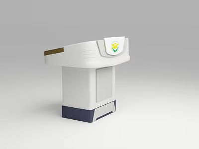 White and Dark Blue Functional Desk With Curved Top Surface Logo Panel and Stable Base 3d model