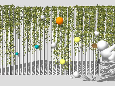 Living Plant Wall with White Slatted Structure Hanging Vines Colorful Balls White Sculpture and Shadows 3d model