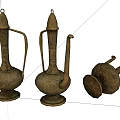 Vintage Brass Teapots Featuring Intricate Carvings Three Pieces