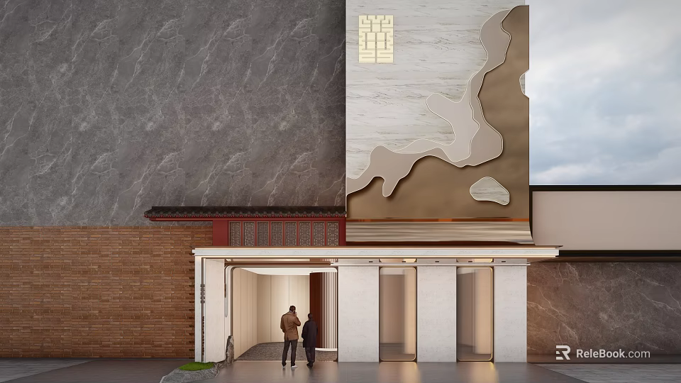 Traditional Modern Entrance Gate With Stone Brick Walls And Two People Standing Outside 3d model 