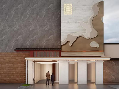 Traditional Modern Entrance Gate With Stone Brick Walls And Two People Standing Outside 3d model