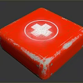 Red Industrial Equipment Box With White Cross Symbol And Worn Surface For Workplace Safety