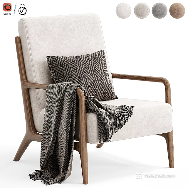 Elegant Modern Accent Chair With Beige Linen Upholstery Wooden Armrests And Geometric Pillow 3d model 