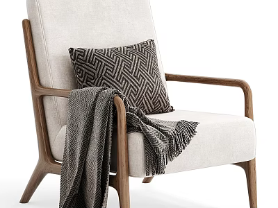 Elegant Modern Accent Chair With Beige Linen Upholstery Wooden Armrests And Geometric Pillow 3d model