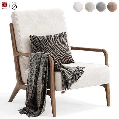 Elegant Modern Accent Chair With Beige Linen Upholstery Wooden Armrests And Geometric Pillow 3d model