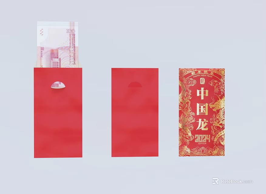 Traditional Red Envelopes As Daily Life Supplies With Golden Dragon Art And Cash 3d model 
