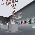 Art Gallery Exhibition Space With Paintings On Walls Central Display Stand And Ceiling Lighting
