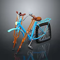 Blue Bicycle With Orange Crutches Large Tires And Rear Rack Design
