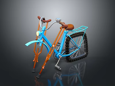 Blue Bicycle With Orange Crutches Large Tires And Rear Rack Design 3d model
