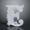 White Decorative Letter E With Intricate Plant Inspired Patterns On Reflective Background 3d model