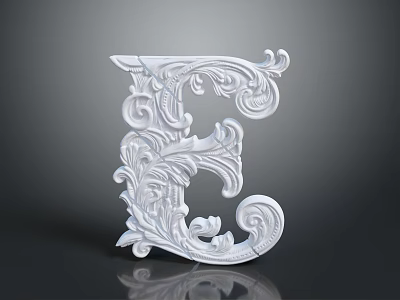 White Decorative Letter E With Intricate Plant Inspired Patterns On Reflective Background 3d model