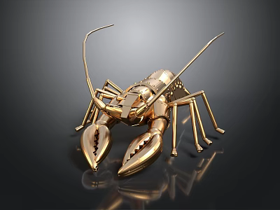 Golden Metallic Lobster Sculpture With Shiny Claws And Antennae On Dark Background 3d model