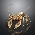 Golden Metallic Lobster Sculpture With Shiny Claws And Antennae On Dark Background