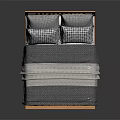 Double Bed With Wooden Frame Slatted Headboard Two Checkered Pillows And Gray Striped Comforter