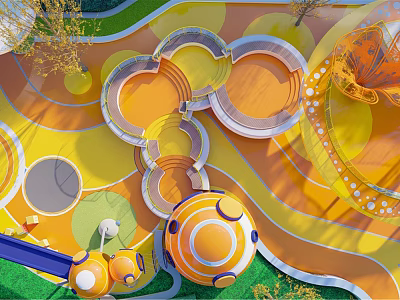 Colorful Children's Playground With Circular Slides Orange Yellow Green Spheres And Tracks 3d model