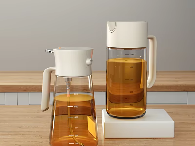 Modern Glass Condiment Bottles With White Lid Measuring Scale On White Base And Wooden Countertop 3d model