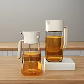 Modern Glass Condiment Bottles With White Lid Measuring Scale On White Base And Wooden Countertop