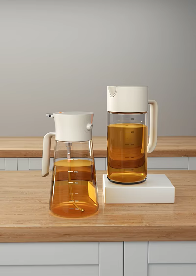 Modern Glass Condiment Bottles With White Lid Measuring Scale On White Base And Wooden Countertop 3d model