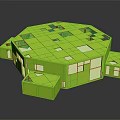 Cartoon Scene Featuring Bright Green Geometric Building With Multiple Windows And Unique Roofs