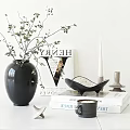 Tabletop Decorative Ornament Arrangement With Black Vase Plant Books Candle And Bowl Decor