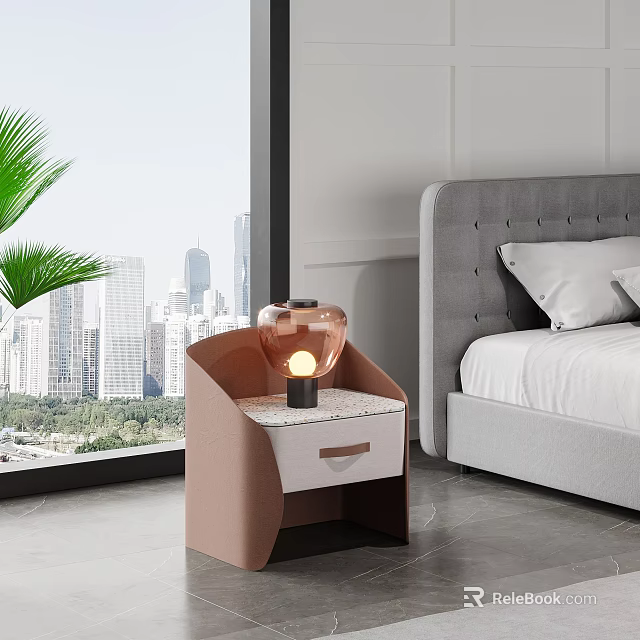 Pink Bedside Table With Glass Shade Lamp And Drawer By Window With City View 3d model 