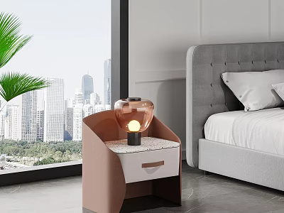 Pink Bedside Table With Glass Shade Lamp And Drawer By Window With City View 3d model