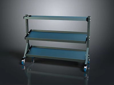 Three Tier Metal Shelving Unit With Blue Shelves And Mobile Rolling Wheels 3d model